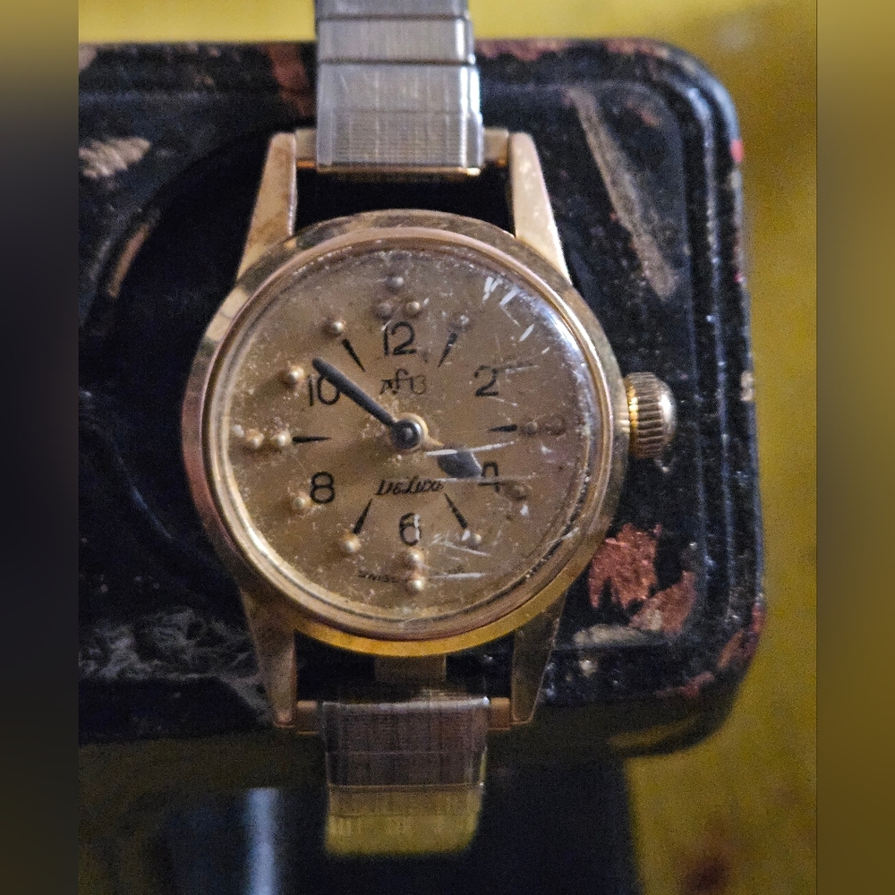 Vintage AFB DELUXE BRAILLE WOMENS WATCH Gold and Silver Watch